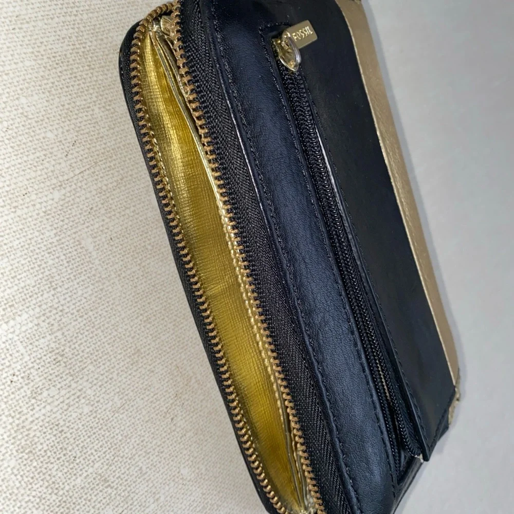 FOSSIL Gold‎ Black Leather Organizer Zip Wallet